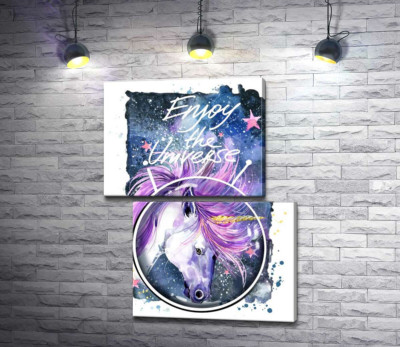 Модульна картина "Білий єдиноріг в шоломі серед космосу з написом "Enjoy the Universe""