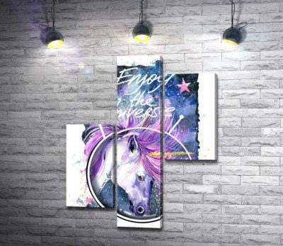 Модульна картина "Білий єдиноріг в шоломі серед космосу з написом "Enjoy the Universe""