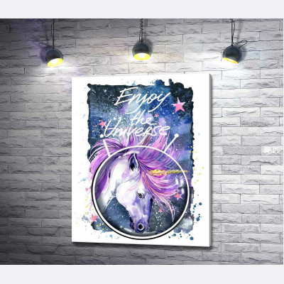 Білий єдиноріг в шоломі серед космосу з написом "Enjoy the Universe"