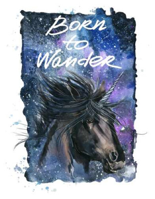 Чорний єдиноріг на космічному фоні з написом "born to wander"