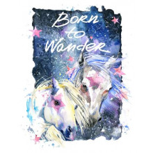 Білі коні із зірковими мітками в космосі з написом "born to wander"