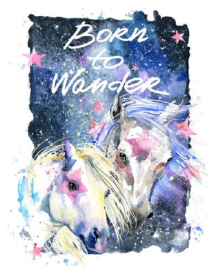 Білі коні із зірковими мітками в космосі з написом "born to wander"