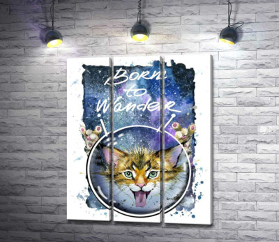 Модульна картина "Руде кошеня в шоломі серед космосу з написом "born to wander""