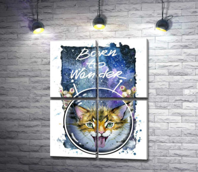 Модульна картина "Руде кошеня в шоломі серед космосу з написом "born to wander""