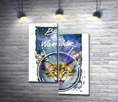 Модульная картина "Рыжий котенок в шлеме среди космоса с надписью "born to wander""