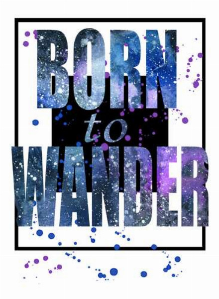Космічний напис у синіх тонах "born to wander"