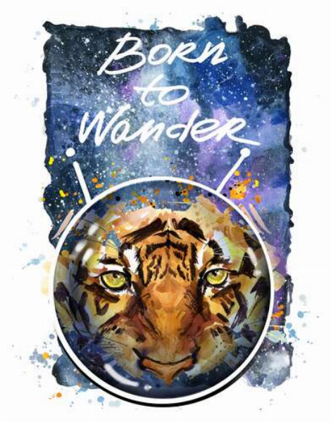 Силует тигра в космічному шоломі з написом "born to wander"