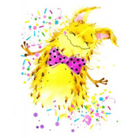 Счастливый желтый монстр с розовой бабочкой на шее