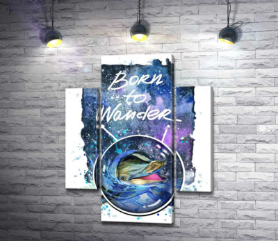 Дельфін виглядає з води в космічний простір поряд з назвою "born to wander"