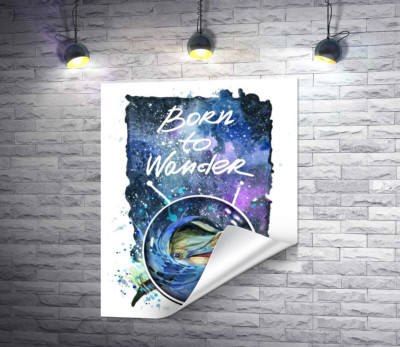 Дельфін виглядає з води в космічний простір поряд з назвою "born to wander"