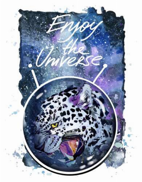 Пятнистый леопард в космосе под названием "Enjoy the Universe"