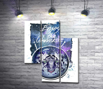 Модульна картина "Силует білого тигра під написом "Enjoy the Universe""