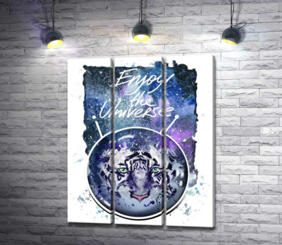 Модульная картина "Силуэт белого тигра под надписью "Enjoy the Universe""