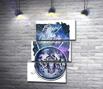 Модульна картина "Силует білого тигра під написом "Enjoy the Universe""