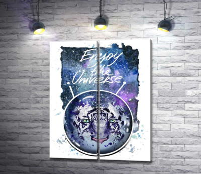 Модульная картина "Силуэт белого тигра под надписью "Enjoy the Universe""