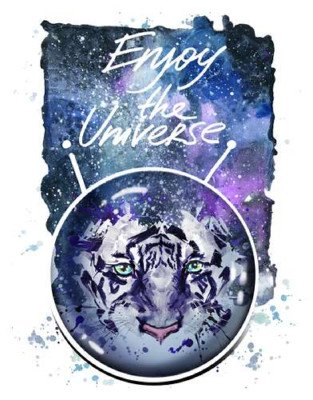 Силует білого тигра під написом "Enjoy the Universe"
