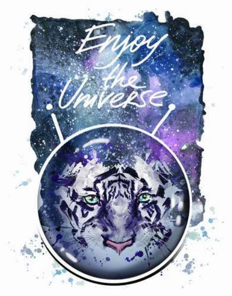 Силуэт белого тигра под надписью "Enjoy the Universe"