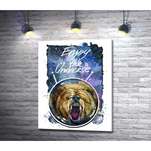 Ведмідь в шоломі космонавта з написом "Enjoy the Universe"
