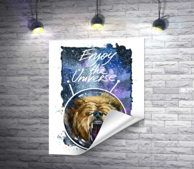 Медведь в шлеме космонавта с надписью "Enjoy the Universe"