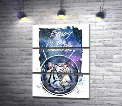 Модульная картина "Белый тигр с надписью "Enjoy the Universe""