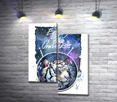 Модульная картина "Белый тигр с надписью "Enjoy the Universe""