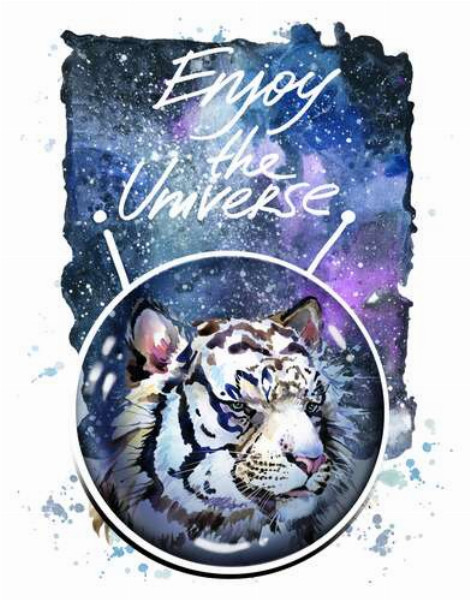Белый тигр с надписью "Enjoy the Universe"