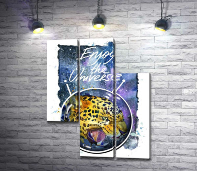 Хижий леопард скалить зуби в космосі з написом "Enjoy the Universe"