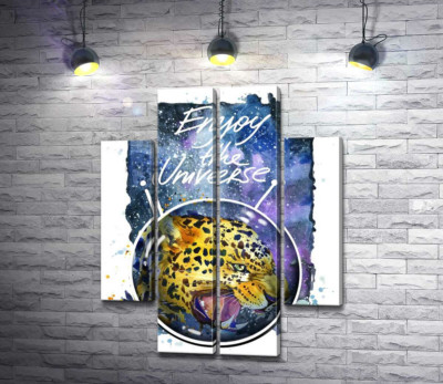 Модульна картина "Хижий леопард скалить зуби в космосі з написом "Enjoy the Universe""