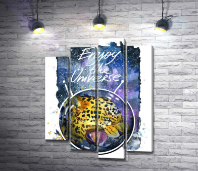 Модульна картина "Хижий леопард скалить зуби в космосі з написом "Enjoy the Universe""