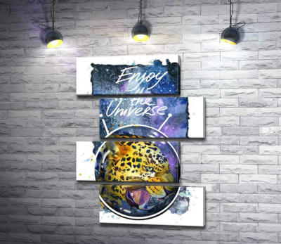 Модульна картина "Хижий леопард скалить зуби в космосі з написом "Enjoy the Universe""