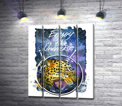Модульная картина "Хищный леопард скалит зубы в космосе с надписью "Enjoy the Universe""