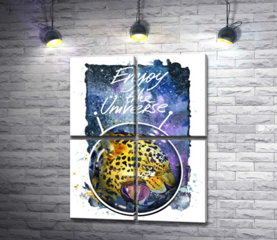 Модульная картина "Хищный леопард скалит зубы в космосе с надписью "Enjoy the Universe""