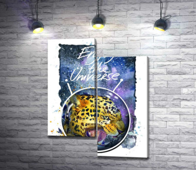 Модульна картина "Хижий леопард скалить зуби в космосі з написом "Enjoy the Universe""
