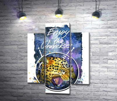 Модульна картина "Хижий леопард скалить зуби в космосі з написом "Enjoy the Universe""