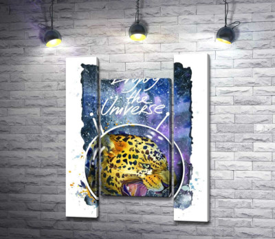 Модульна картина "Хижий леопард скалить зуби в космосі з написом "Enjoy the Universe""