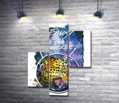 Модульна картина "Хижий леопард скалить зуби в космосі з написом "Enjoy the Universe""