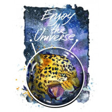 Хижий леопард скалить зуби в космосі з написом "Enjoy the Universe"