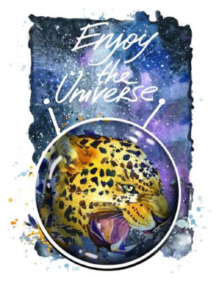 Хижий леопард скалить зуби в космосі з написом "Enjoy the Universe"
