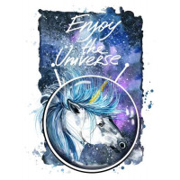 Блакитна грива єдинорога розвівається в космічному просторі поряд з написом "Enjoy the Universe"