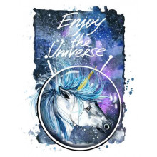 Блакитна грива єдинорога розвівається в космічному просторі поряд з написом "Enjoy the Universe"