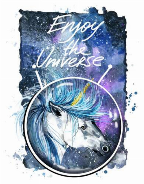 Голубая грива единорога развевается в космическом пространстве рядом с надписью "Enjoy the Universe"