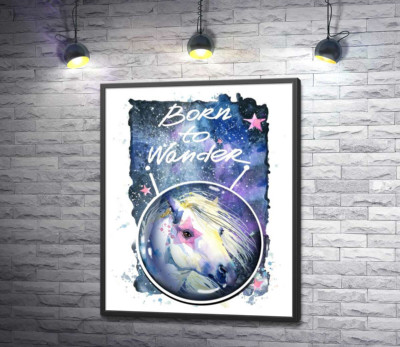 Постер "Белая лошадь с розовой звездой на глазу под надписью "born to wander""