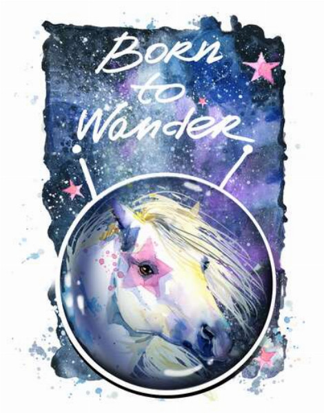 Білий кінь із рожевою зіркою на оці під написом "born to wander"