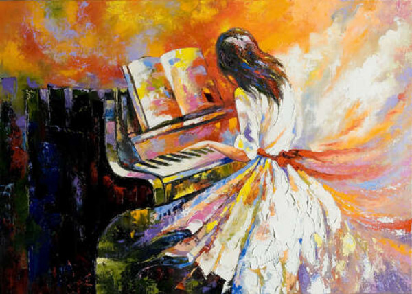 Девушка растворяет мир в звуках мелодии фортепиано