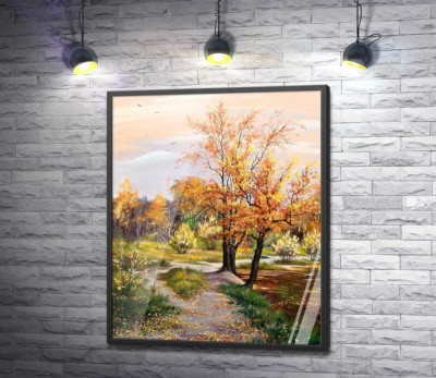 Постер "Жовті осінні дерева на березі лісового озера"