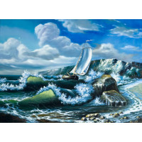 Морські хвилі несуть човен на прибережні скелі