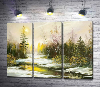 Модульна картина "Осінні кущі ростуть на березі лісової річки"