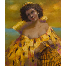 Леді в золотій сукні з кліткою у руках