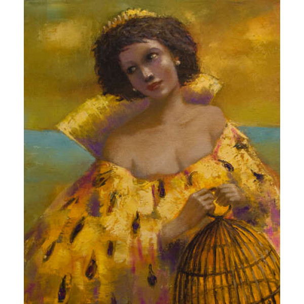 Леді в золотій сукні з кліткою у руках