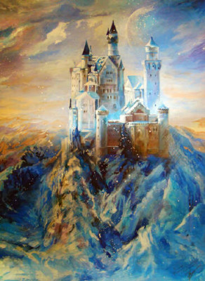 Голубизна силуэта замка Нойшванштайн (Neuschwanstein) на вершине горы